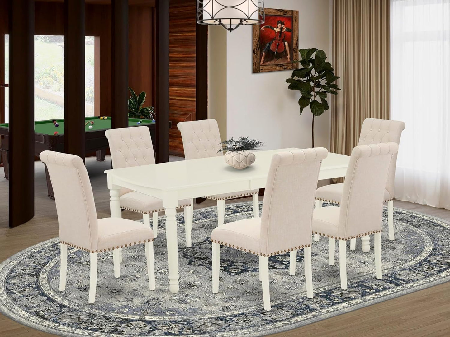 East West Furniture DOBR7-LWH-02 7 Piece Dining Table Set Consist of a Rectangle Table with Butterfly Leaf and 6 Light Beige Linen Fabric Upholstered Chairs, 42x78 Inch, Linen White