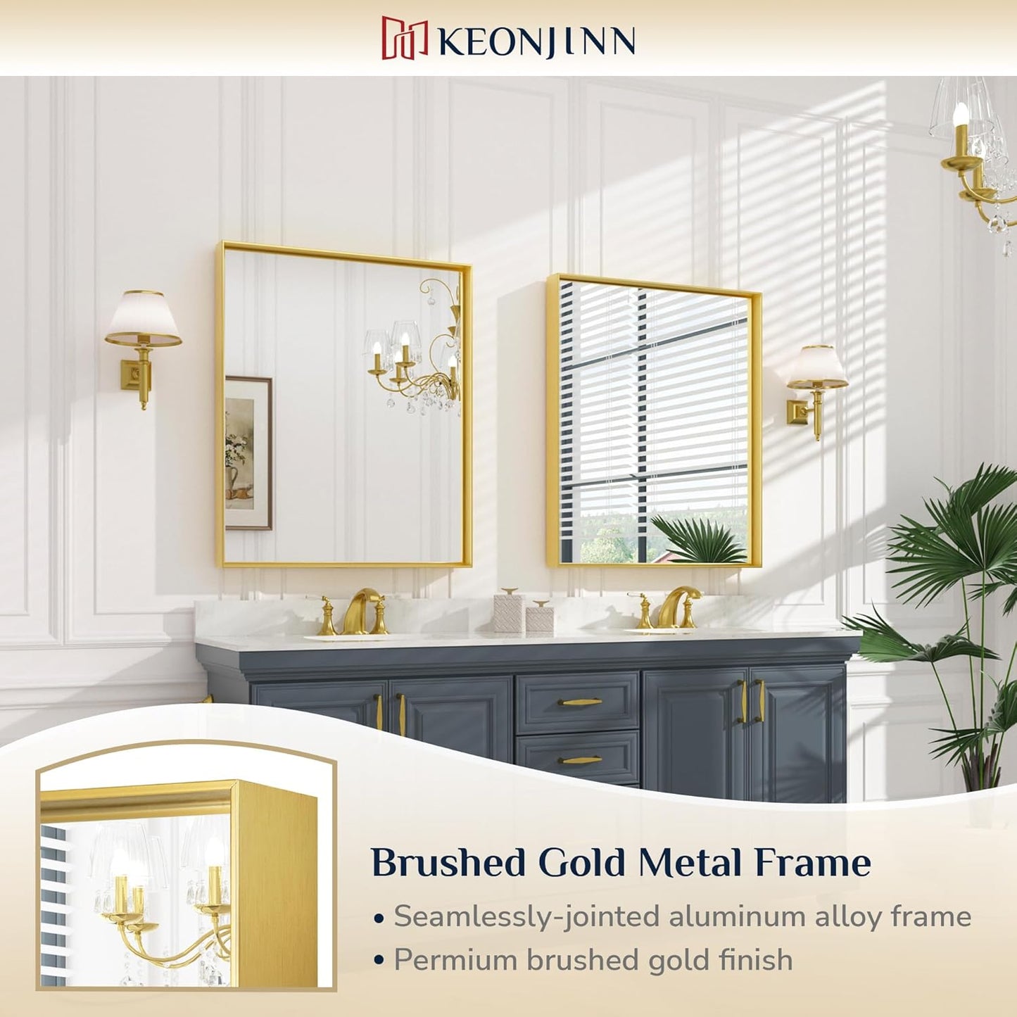 Keonjinn 30 x 36 Inch Brushed Gold Bathroom Mirror Metal Framed Rectangle Wall Gold Vanity Mirror for Bathroom Gold Rectangle Mirror for Bathroom Over Sink(Horizontal/Vertical)