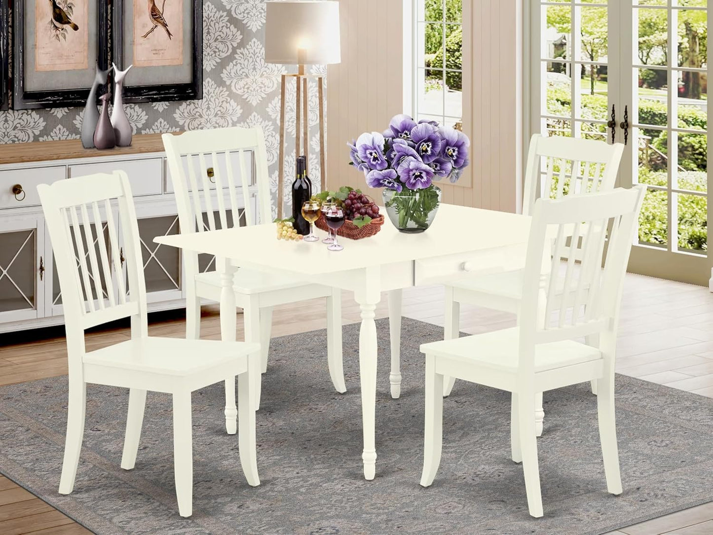 East West Furniture MZDA5-LWH-W 5 Piece Dining Table Set for 4 Includes a Rectangle Kitchen Table with Dropleaf and 4 Dining Room Chairs, 36x54 Inch, Linen White