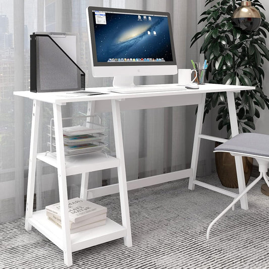 Natwind 51" White Desk with 2-Tier Storage Shelves,Home Office Computer Desk, Study Table for Kids Student Girls,Writing Desk,Modern Simple Basic Desk Workstation for Bedroom Home Office