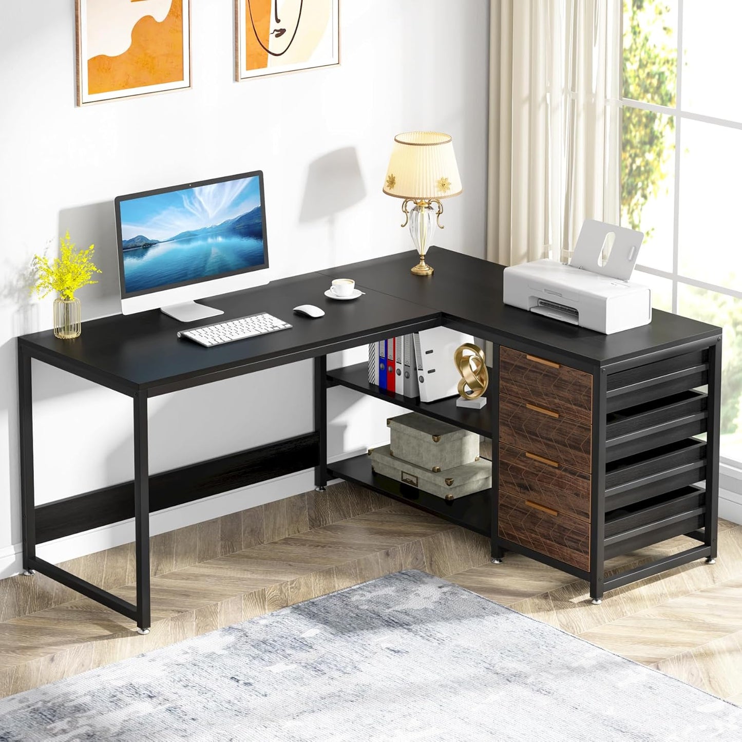 LITTLE TREE 59-Inch L Shaped Desk with Drawers, Large Computer Desk with Storage Shelves, Reversible L-Shaped Corner Desk Workstation for Home Office