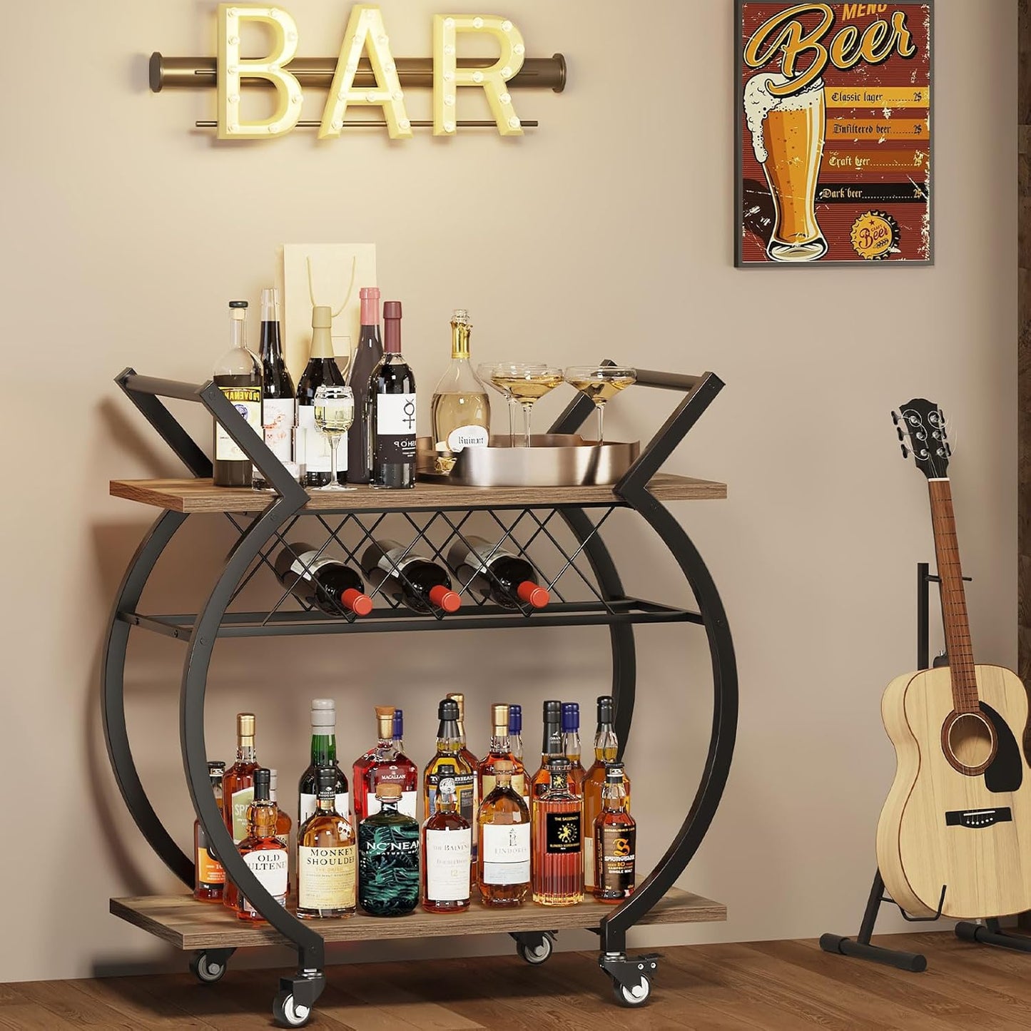 LVB Bar Cart with Wine Rack, 2 Tier Kitchen Cart on Wheels, Modern Wood and Metal Portable Coffee Cart Table for Home, Utility Industrial Mobile Serving Cart with Storage Shelf, Rustic Oak