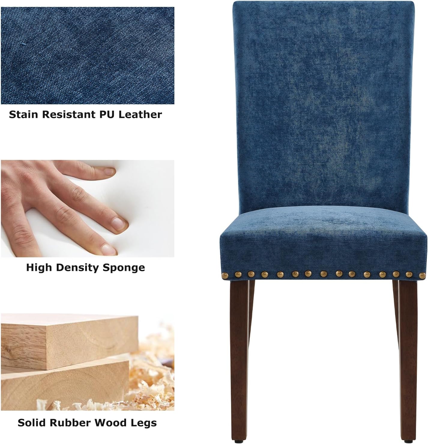 COLAMY Upholstered Parsons Dining Chairs Set of 4, Fabric Dining Room Kitchen Side Chair with Nailhead Trim and Wood Legs - Dark Blue