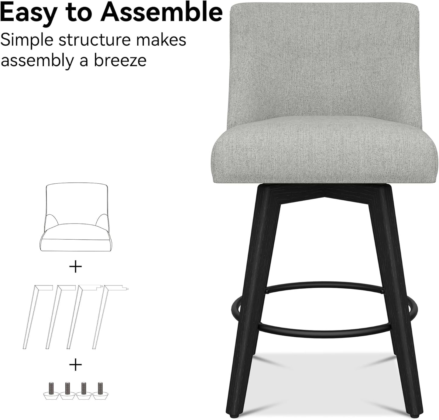 Counter Height Bar Stools Set of 2, Modern Swivel Barstools with Back and Wood Legs, Linen Fabric Upholstered Counter Height Stools, 26" H Kitchen Island Stools, Home Bar, Light Grey