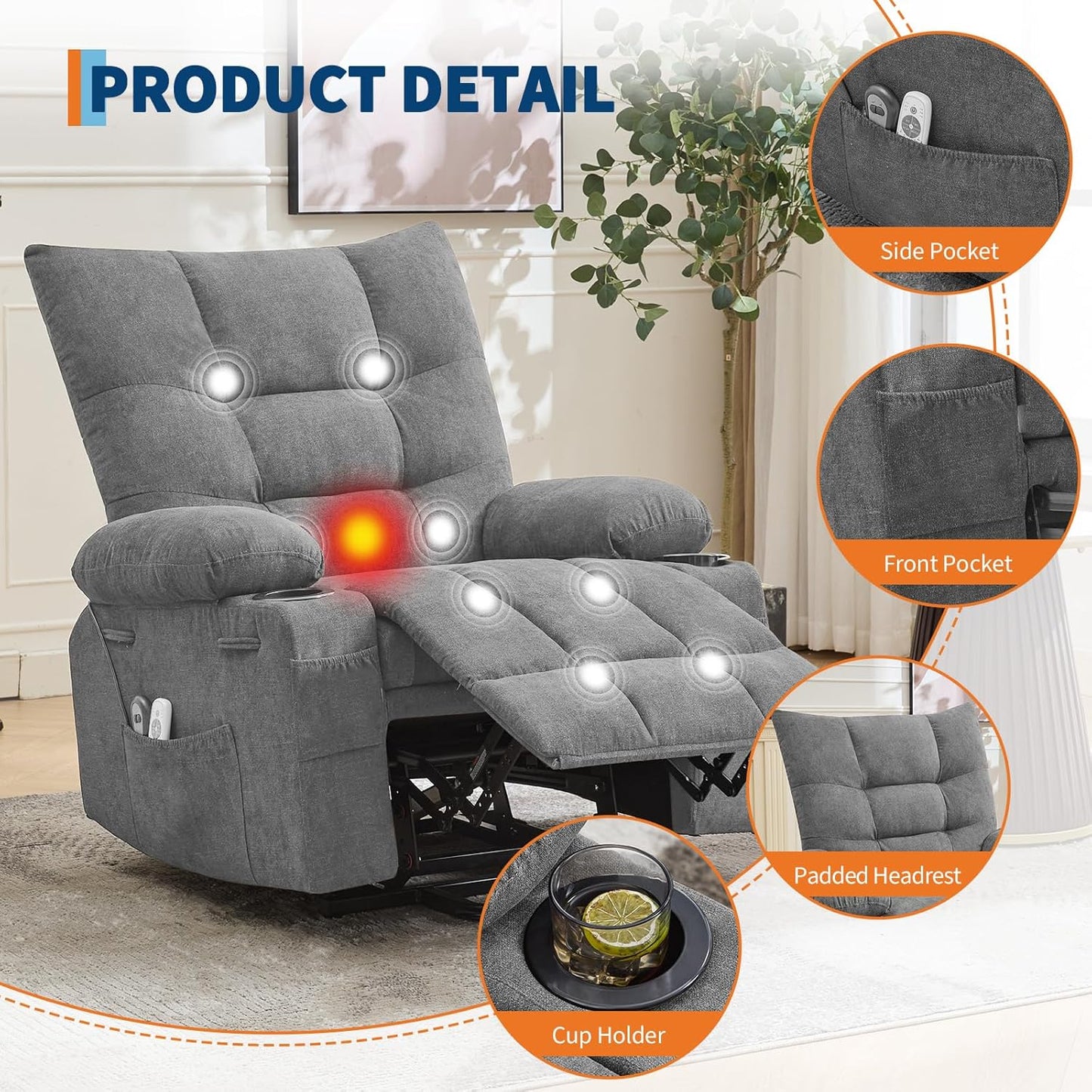 GarveeHome Power Lift Recliner Chair for Elderly with Massage and Heat, Oversized Electric Massage & Heat Recliner with Soft Padded Upholstery, Side Pocket & Cup Holders for Living Room, Gray