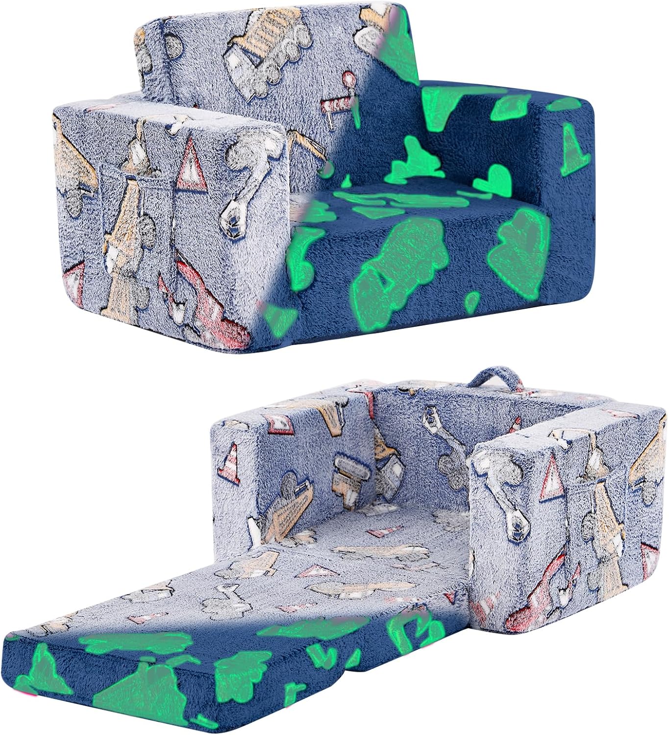 Tiita Kids Chair Couch, Folding Toddler Comfy Sofa Chairs, 2-in-1 Kids Plush Sofa Fold Out, Baby Armrest Chair to Lounger, Convertible Play Sofas to Bed for Girl or Boy, Vehicles