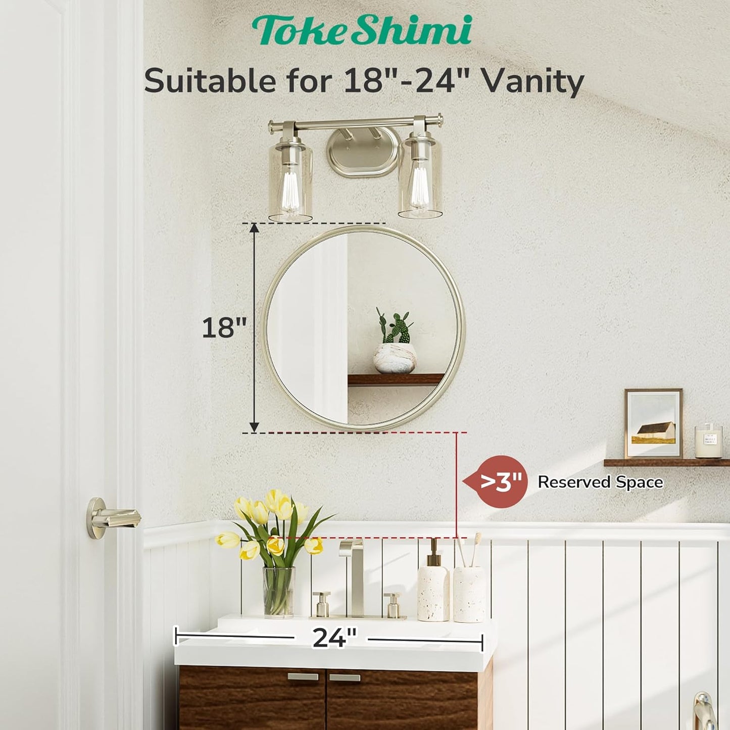 TokeShimi 18 in Round Brushed Nickel Mirror Bathroom, Shatterproof Bathroom Vanity Mirror Circle, 18x18 Silver Round Mirrored Farmhouse Aluminum for Entryway, Bedroom, Restroom, Vanity, Living Room