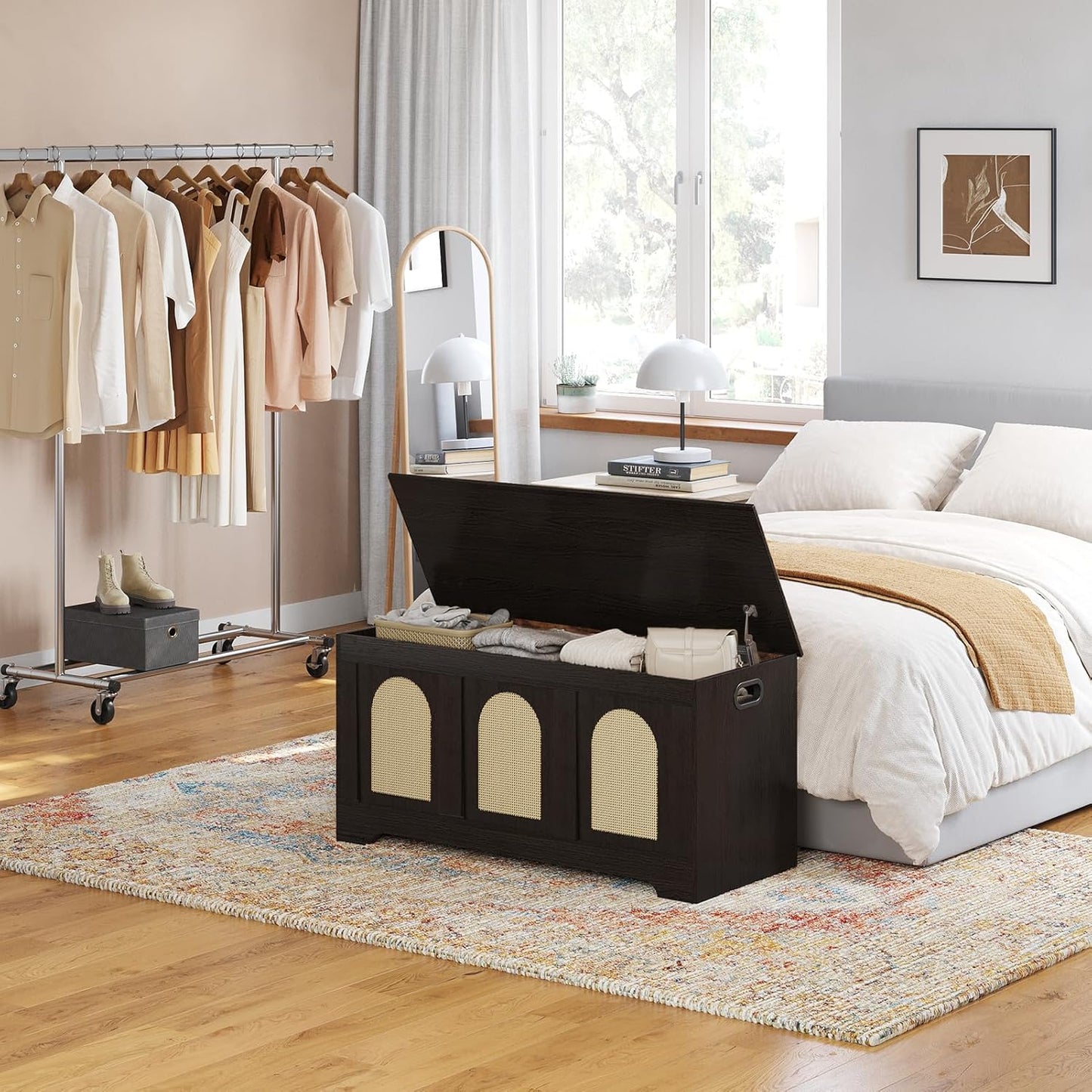 DINZI LVJ Storage Chest, 39.4" Rattan-Like Storage Box with 2 Safety Hinges, Wooden Entryway Shoe Bench with Flip-Top, Bedroom, Easy Assembly, Espresso and Natural