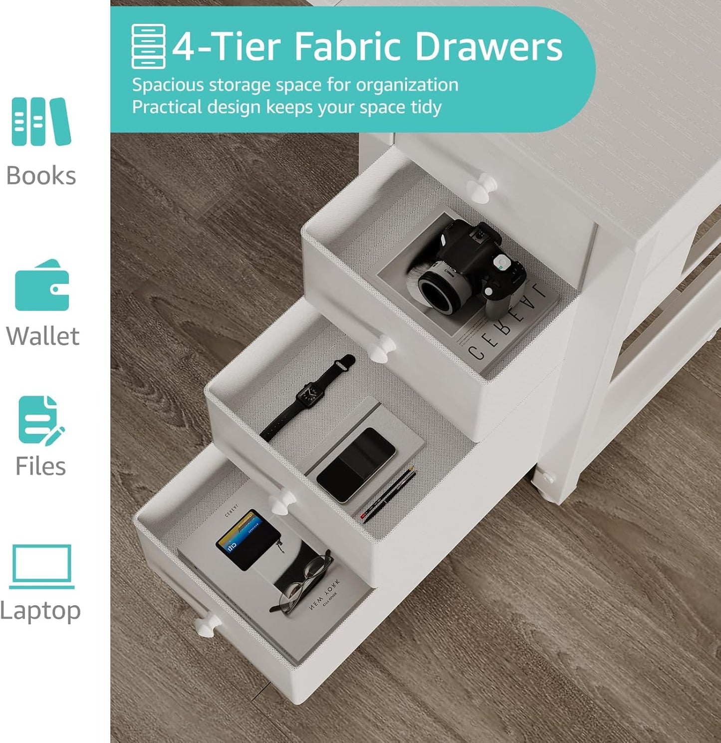 Lufeiya White Computer Desk with Fabric Drawers & Storage Shelves, 55 Inch Study Work Writing Desk for Home Office Bedroom, Simple Modern Cute PC Desks Table, White