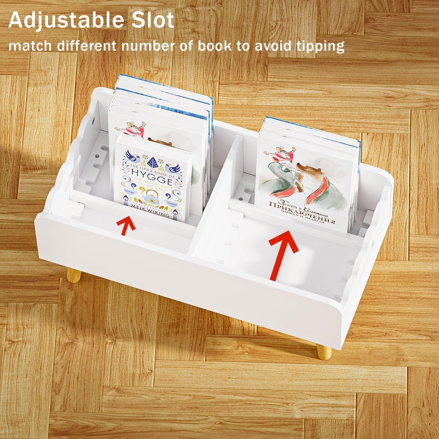 GRANTLEY Montessori Kids Bookshelf for Toddler - Wooden Book Shelf for Kids Rooms, Little Low Book Basket with Dividers, Floor Book Caddy, Minimalist Mobile Bookcase for Classroom Nursery