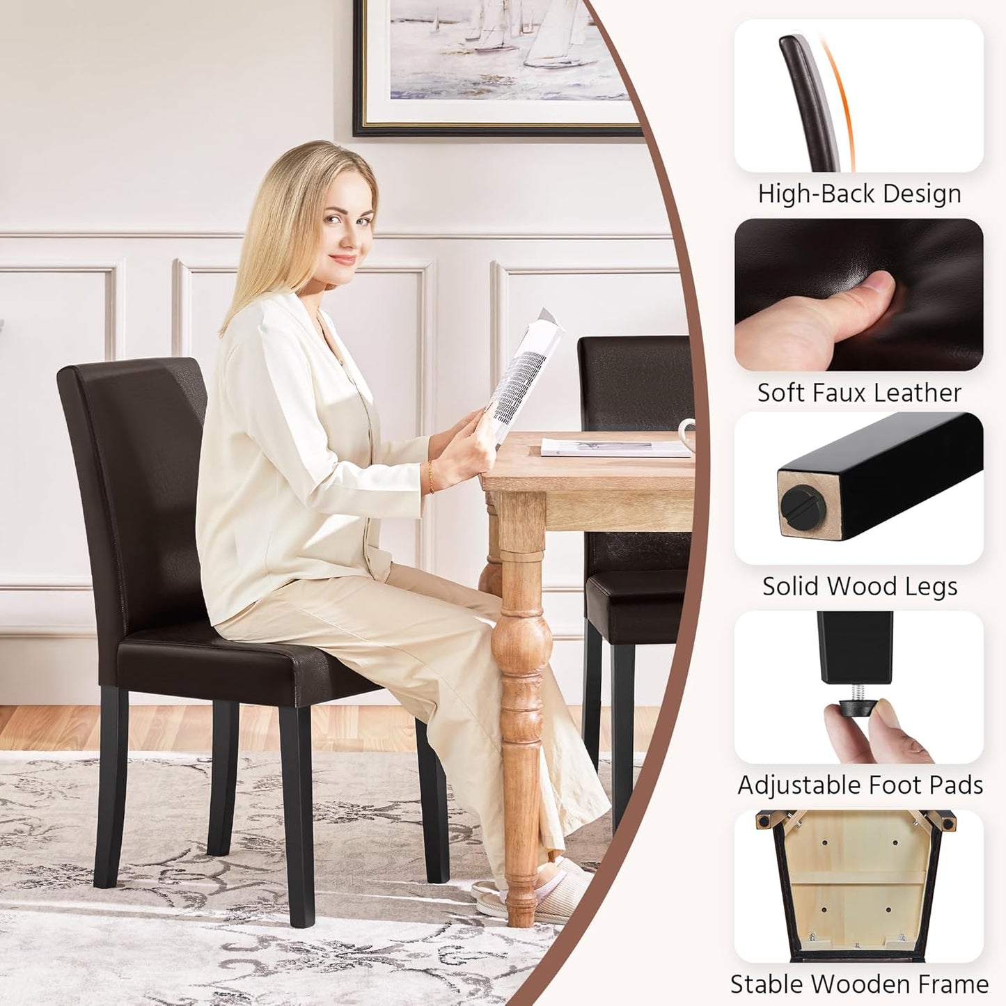 Yaheetech Dining Chairs Set of 6 Faux Leather Modern Dining Room Chairs with Rubberwood Legs and Padded Seat for Kitchen/Living Room/Restaurant, Dark Brown