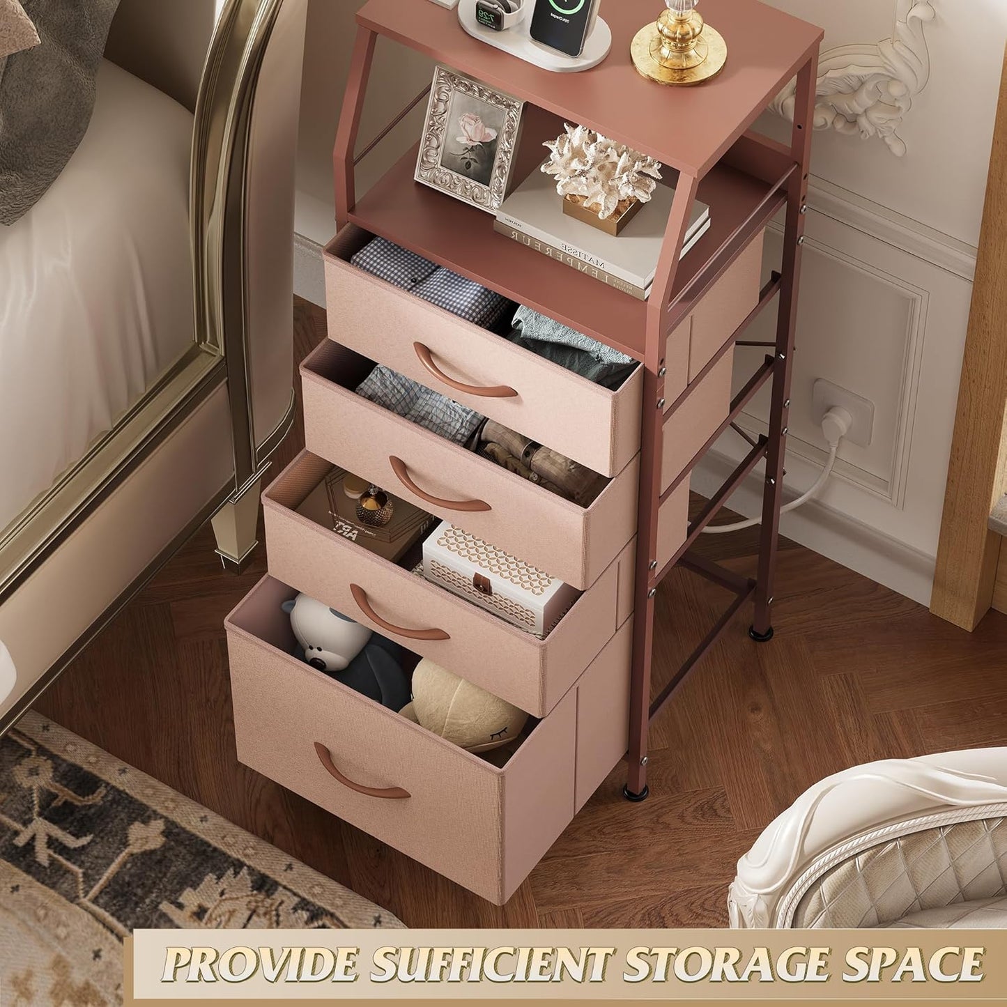 WLIVE 4 Drawer Dresser for Bedroom, 37" H Nightstand with Charging Station and Led Light, Tall Night Stand Bed Side Table, End Table with USB Ports and Outlets, Fabric Bins, Wood Shelf, Pink