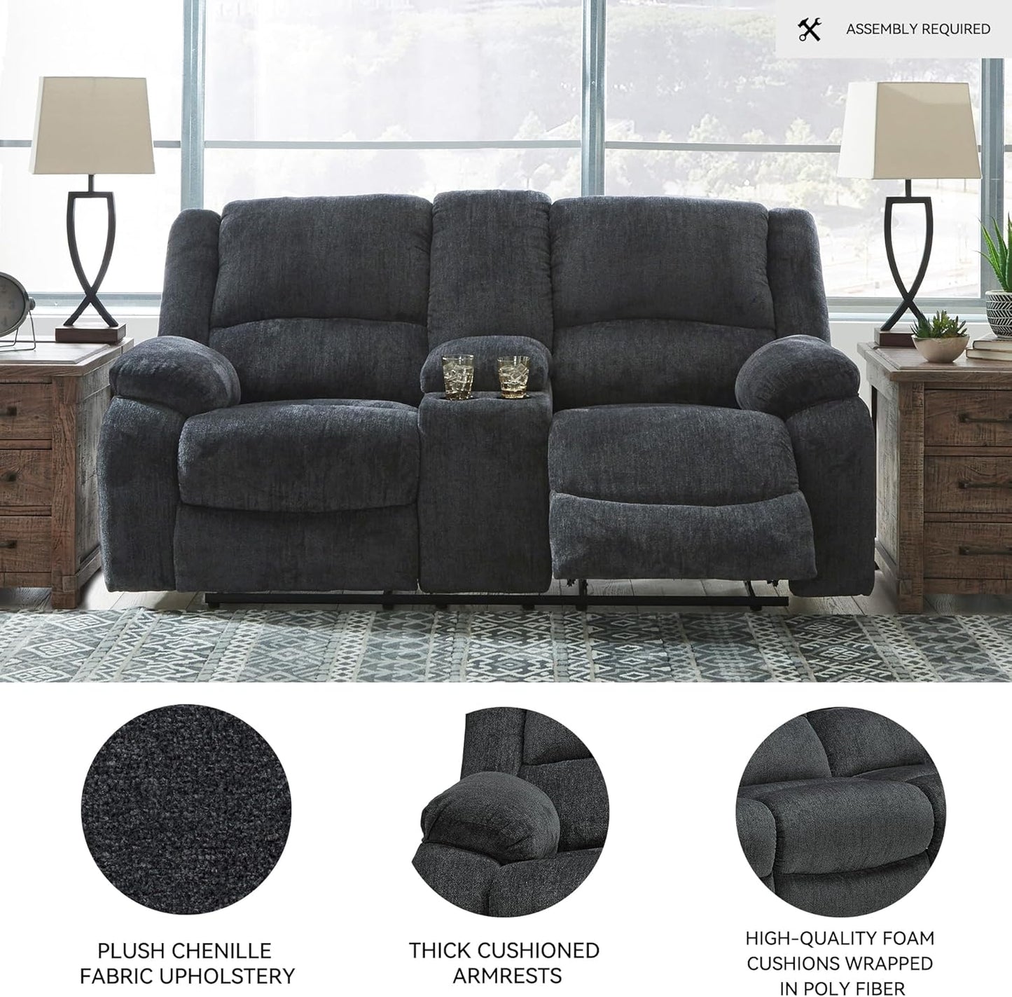 Signature Design by Ashley Draycoll Contemporary Double Reclining Manual Loveseat with Center Console, Dark Gray