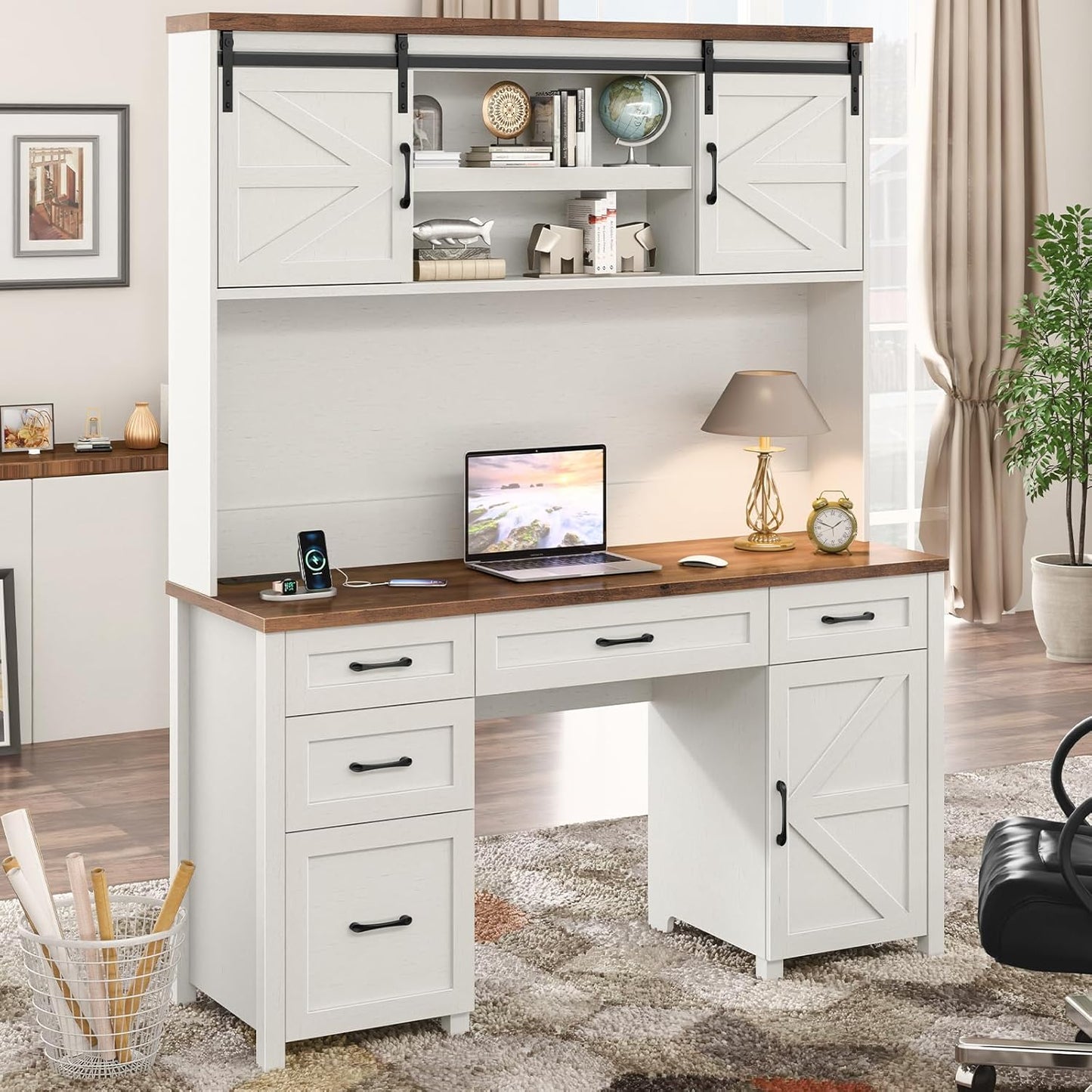 67''H Farmhouse Executive Desk with Hutch & 5 Drawers, Rustic Office Desks Computer Desks with Charging Station, File Drawers and Storage Cabinets, Wood Workspace for Home Office,Unique White.