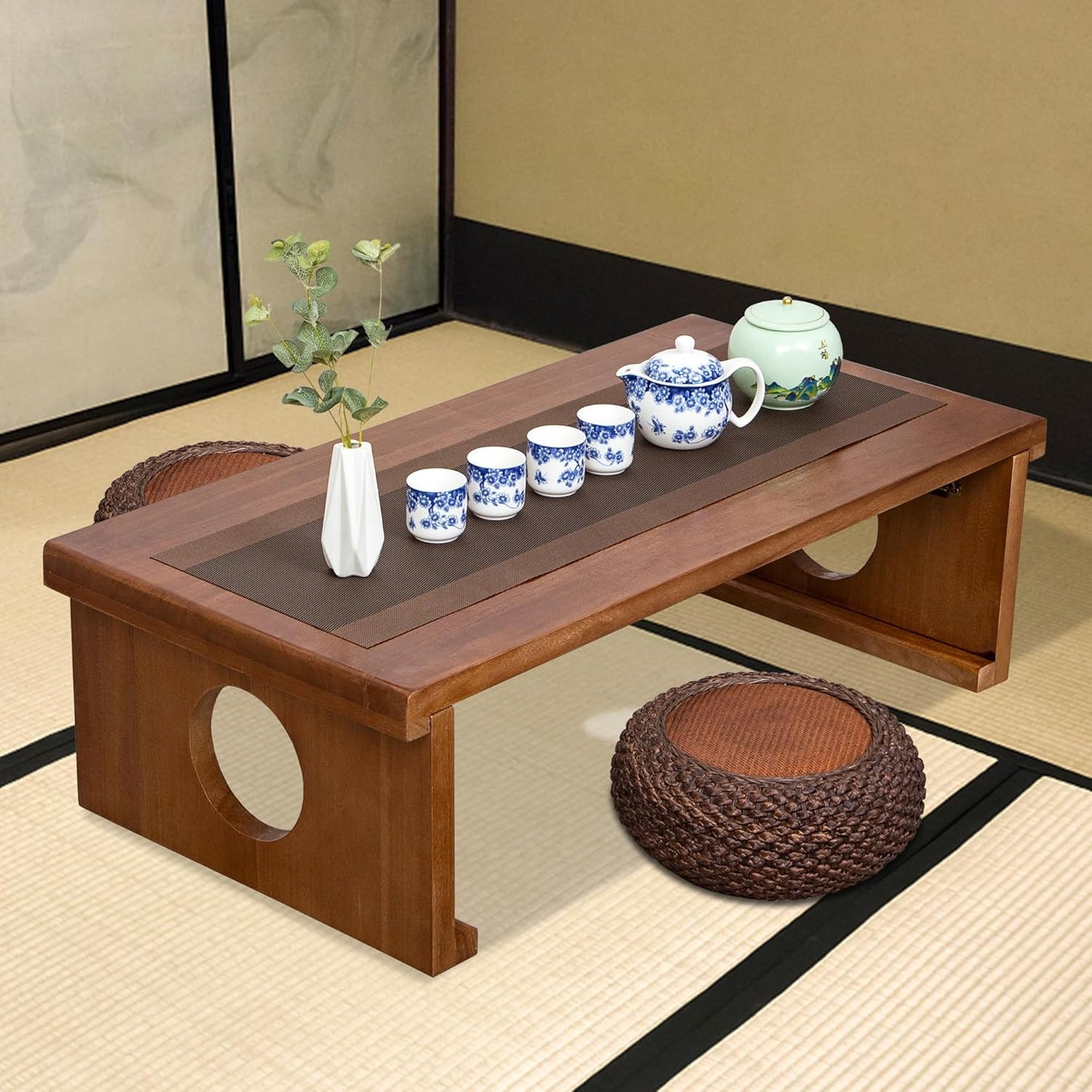 Foldable Japanese Coffee Table，Folding Japanese Floor Table，Natural Brown Coffee Table, Minimalist Tatami Table, Suitable for Living Room,Dining Room, Etc. (Natural Brown, 39.4″x19.7″x11.8″)