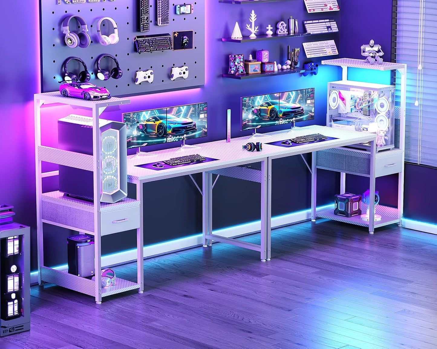 Casaottima 48 Inch Gaming Desk with Storage & LED Lights, Reversible Computer Desk with Display Shelves & Fabric Drawer, Modern Gamer Desk Table with Side Headphone Hook, Carbon Fiber White