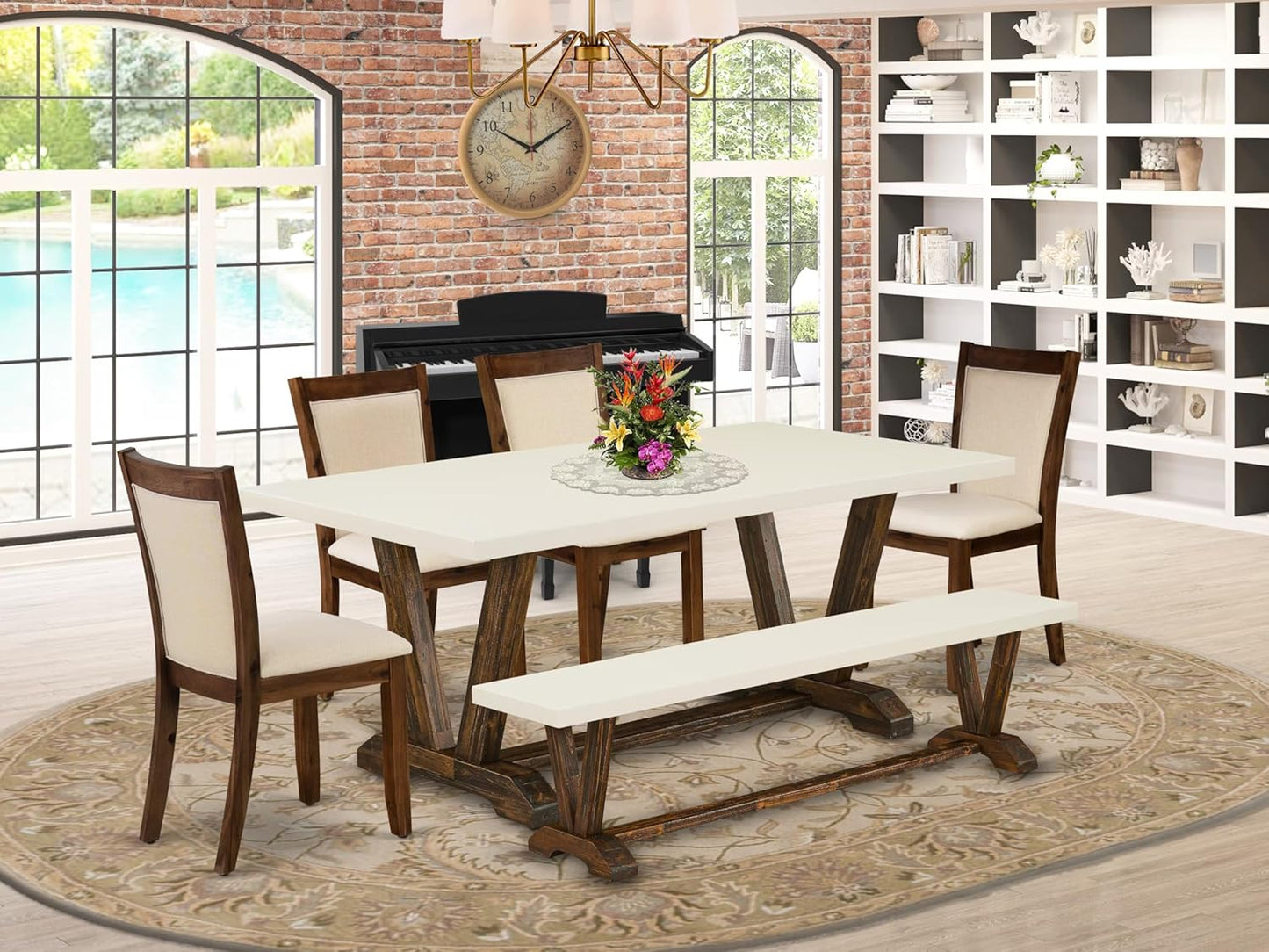 East West Furniture V727MZN32-6 6 Piece Dining Set Contains a Rectangle Dining Room Table with V-Legs and 4 Light Beige Linen Fabric Parson Chairs with a Bench, 40x72 Inch, Multi-Color