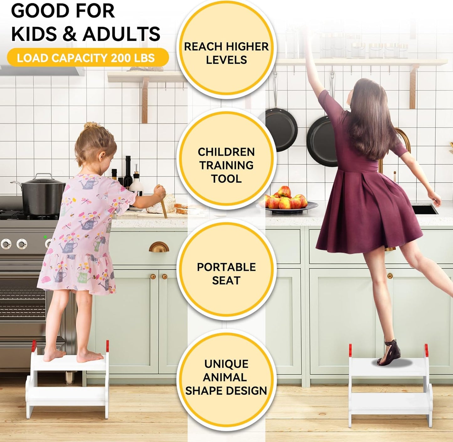 Wood Step Stools for Kids, Child Two Step Stool of Chick Shape, Toddler Step Stools Potty Training Stool, Easy to Move Safety for Kitchen, Bathroom, Bedroom, Toilet