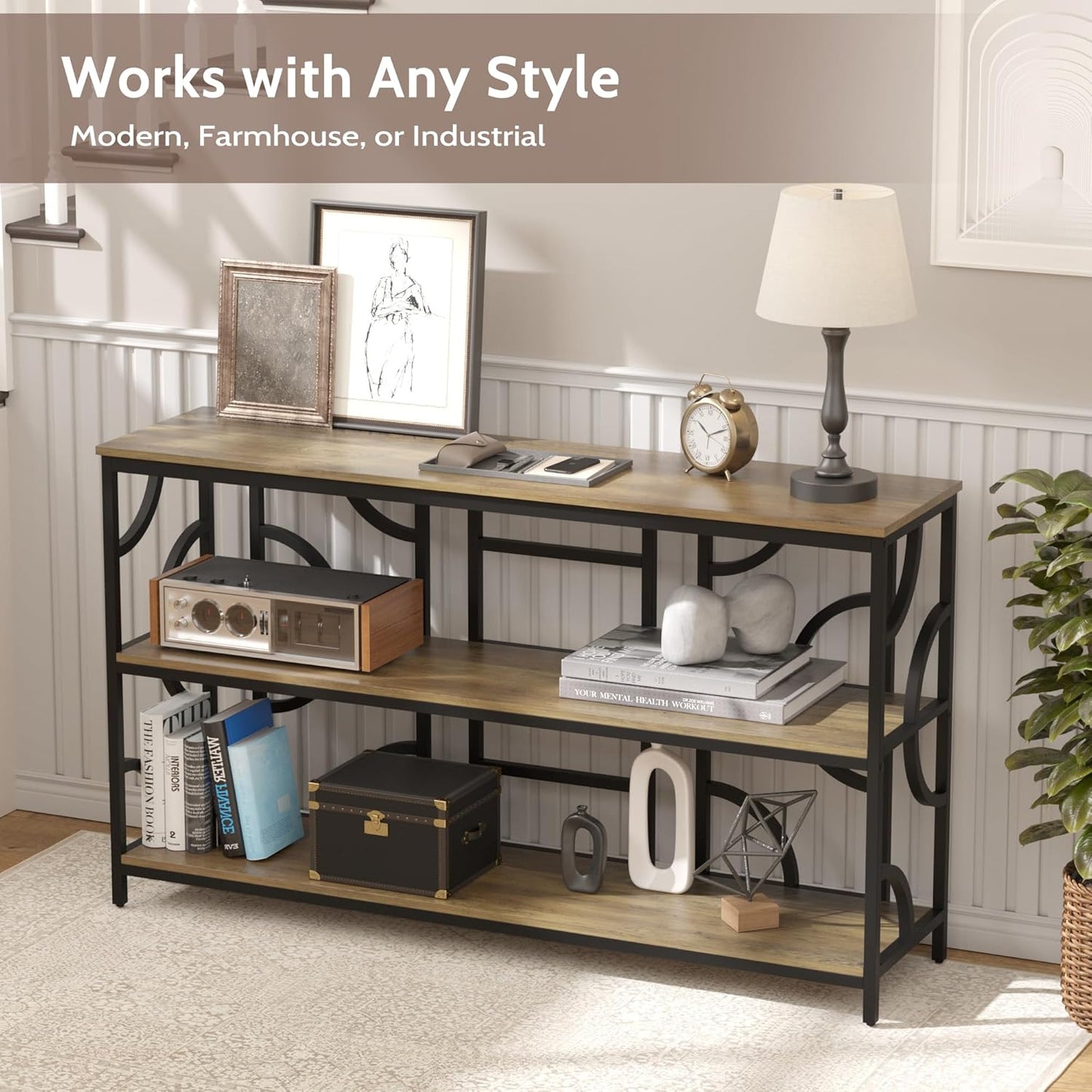 55'' Industrial Sofa Table, 3-Tier Storage Console Table with Unique Geometric Design, Behind Couch Accent Table for Entryway, Living Room, Foyer, Hallway, Office - Rustic Brown