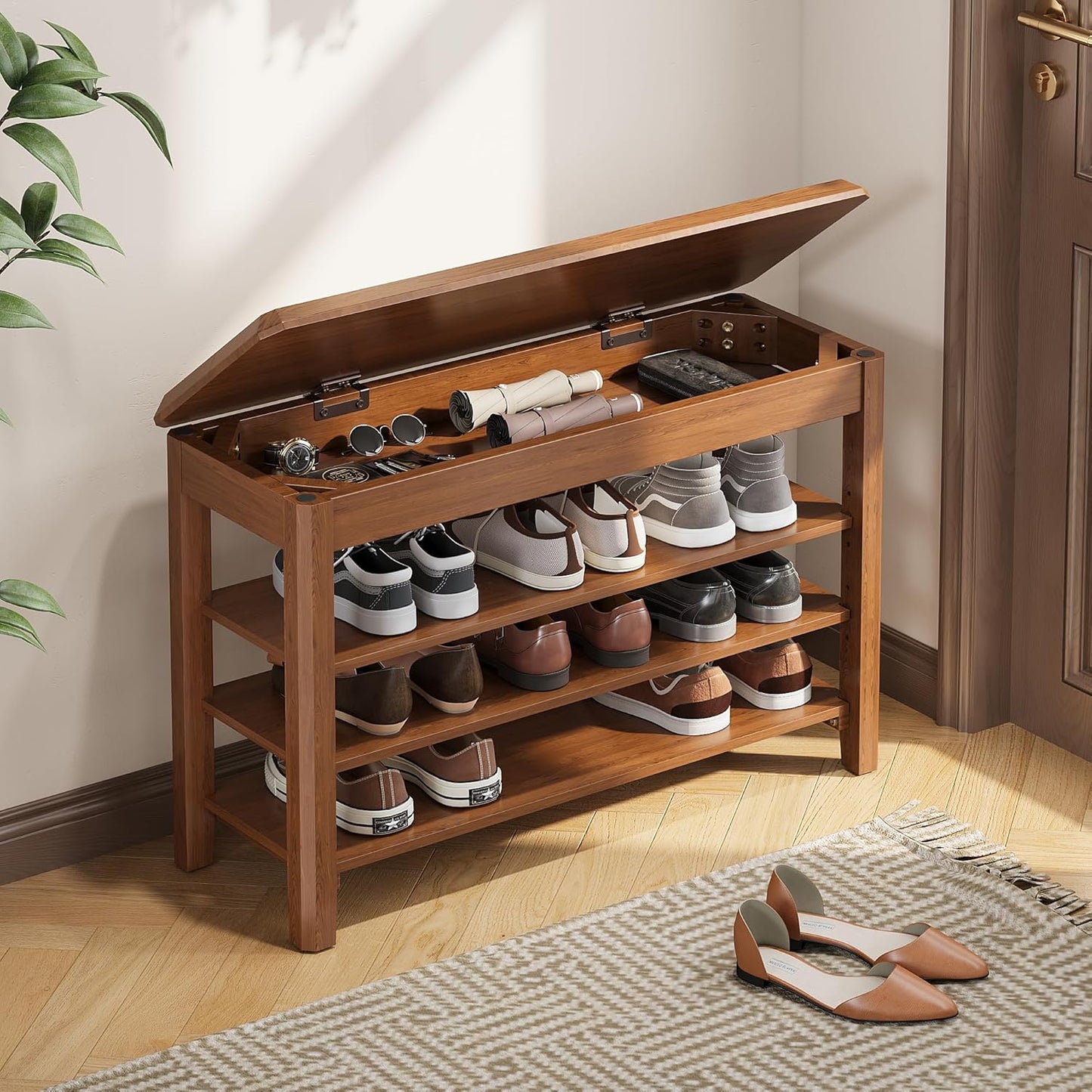 Shoe Rack Bench Seat Rubberwood 3-Tier Wooden Storage Bench 550lbs Compact Mid-Century Modern Design for Entryway, Hallway, Closet, Front Door Entrance, Foyer