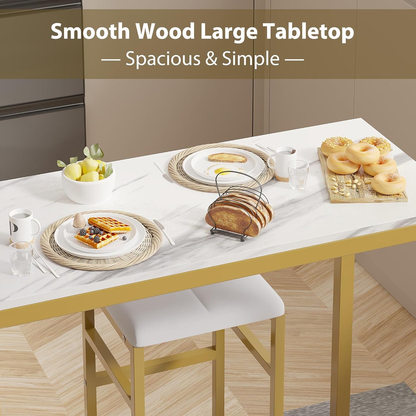 VECELO Bar Table and Chairs Set for 2, 3-Piece Dining Set with Storage Shelves, Cup Holder & Wine Rack, PU Leather Cushion Stools, for Kitchen Small Space, Gold