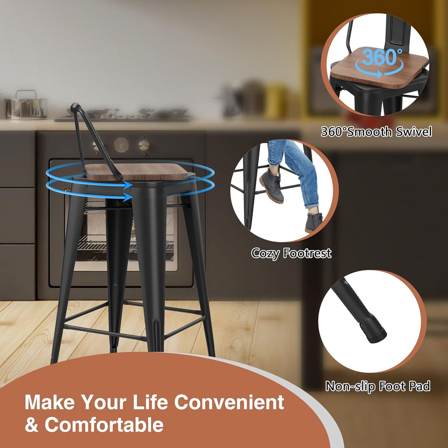 26 Inch Swivel Bar Stools Set of 2 with Backs Counter Height Industrial Metal Barstools Island Bar Chairs for Home Kitchen Dining Room (Swivel 26 inch,Matte Black Wooden)