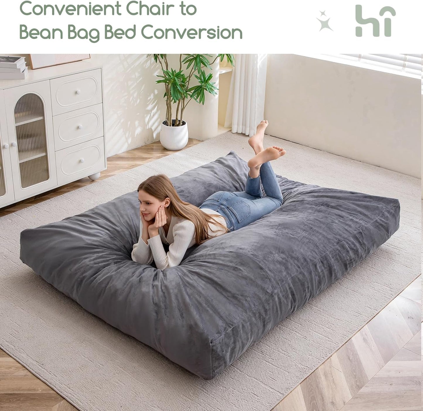 HIGOGOGO Giant Bean Bag Chair Bed for Adults,Convertible Beanbag Folds from Lazy Chair to Floor Mattress Bed,Large Floor Sofa Couch for Adult,Couples,Family,High-Density Foam Filling, Machine Washable