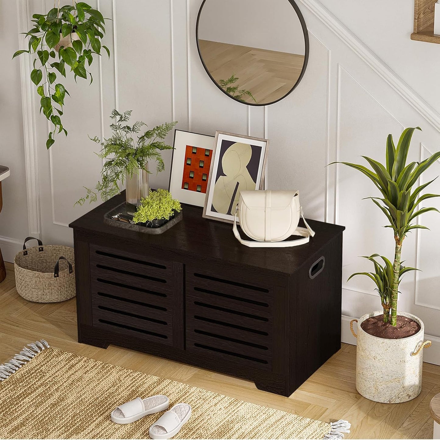 DINZI LVJ Storage Chest, Flip-Top Wooden Toy Box with 2 Safety Hinges, Retro Entryway Shoe Bench, Sturdy Large Storage Trunk for Living Room, Bedroom, Toddler Room, Easy Assembly, Espresso