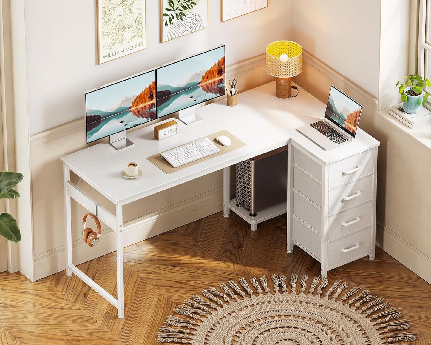 Casaottima L Shaped Desk with 4 Drawers, 47" White Computer Desk with Storage, Reversible Kids Study Table with CPU Stand & Hook, Corner Work Table for Home Office