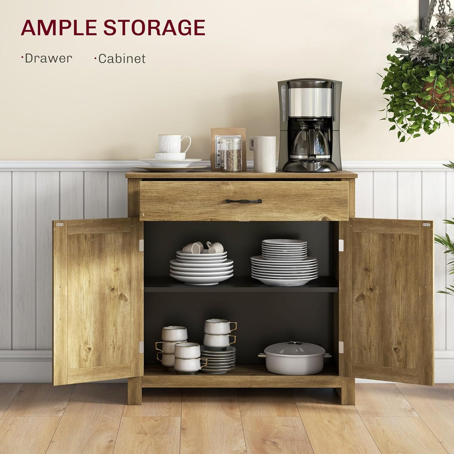 HOMCOM Farmhouse Sideboard Buffet Cabinet, Barn Door Coffee Bar Cabinet with Drawer and Adjustable Shelf, for Living Room, Entryway, Natural Wood