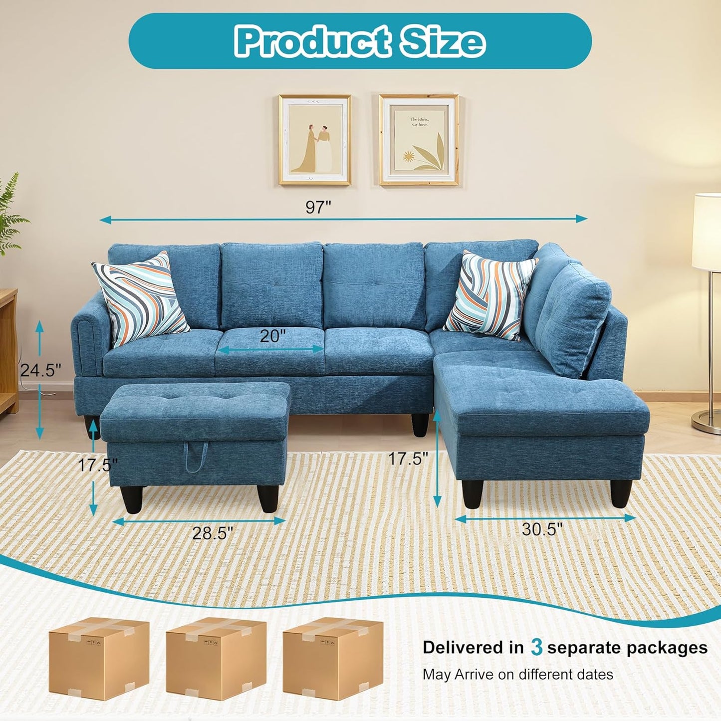 Couches for Living Room Modern L Shaped Couch Comfy Flannel Fabric 3 Pieces Sectional Sofa with Chaise, Ottoman with Storage for Office and Small Apartment, Blue