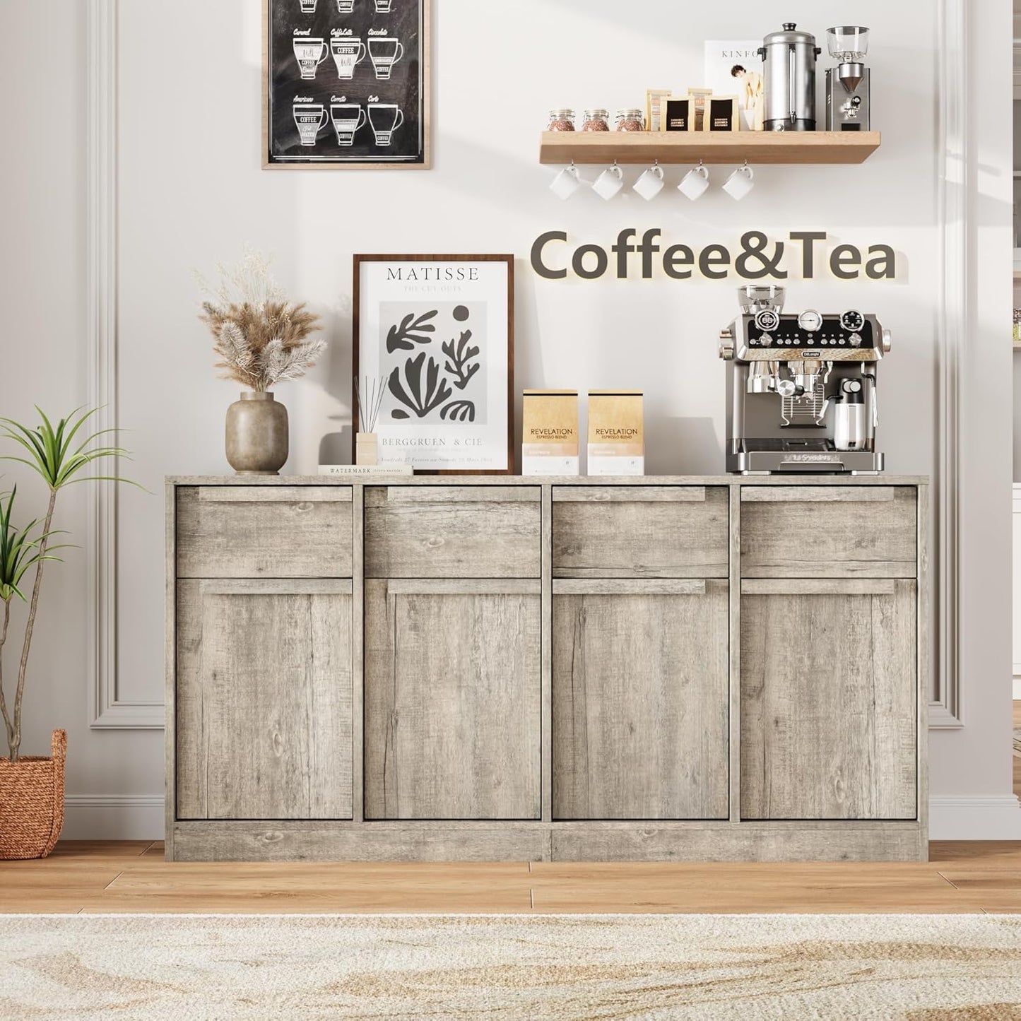 GarveeHome Sideboard Buffet Cabinet with 4 Drawers, 62.4" Large Coffee Cabinet with Storage, Modern Storage Buffet Table for Kitchen Dining Room, Living Room (Grey, 4 Doors & 4 Drawers)