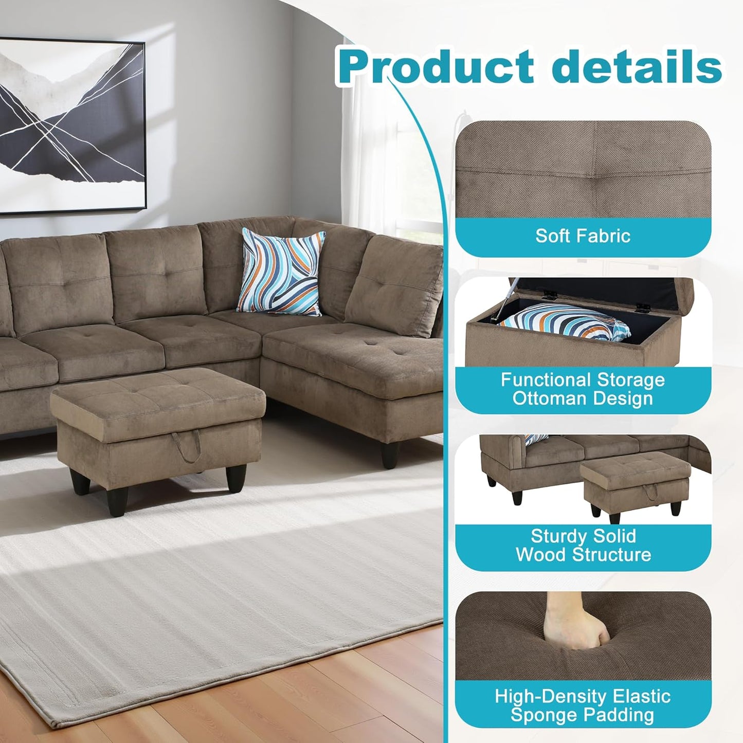 Couches for Living Room Modern L Shaped Couch Comfy Velvet Fabric 3 Pieces Sectional Sofa with Chaise, Ottoman with Storage for Office and Small Apartment, Brown Pineapple