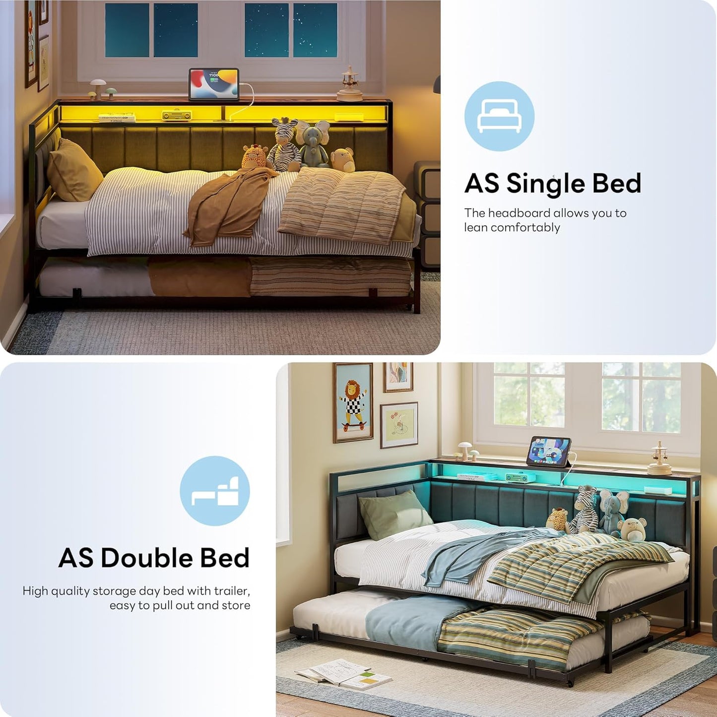 LIKIMIO Corner Twin Bed Frame with Trundle, Upholstered Storage Headboard & LED Lights, Twin Size Daybed with Charging Station, Sturdy Platform Metal Frame for Living Room, Bedroom, Guest Room, Gray