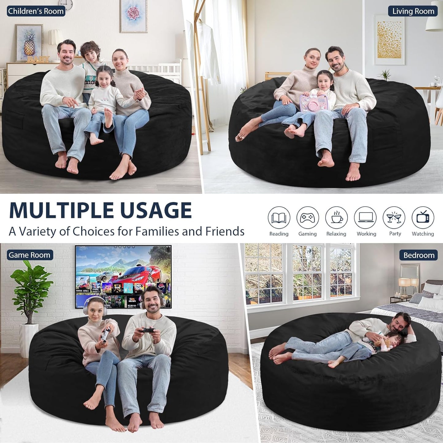 6FT Bean Bag Chair, Large Bean Bag Chairs with Memory Foam Filled, Fluffy Beanbag Sofa with Dutch Velvet Cover, Round BeanBag Chairs for Living Room, Playroom - Black