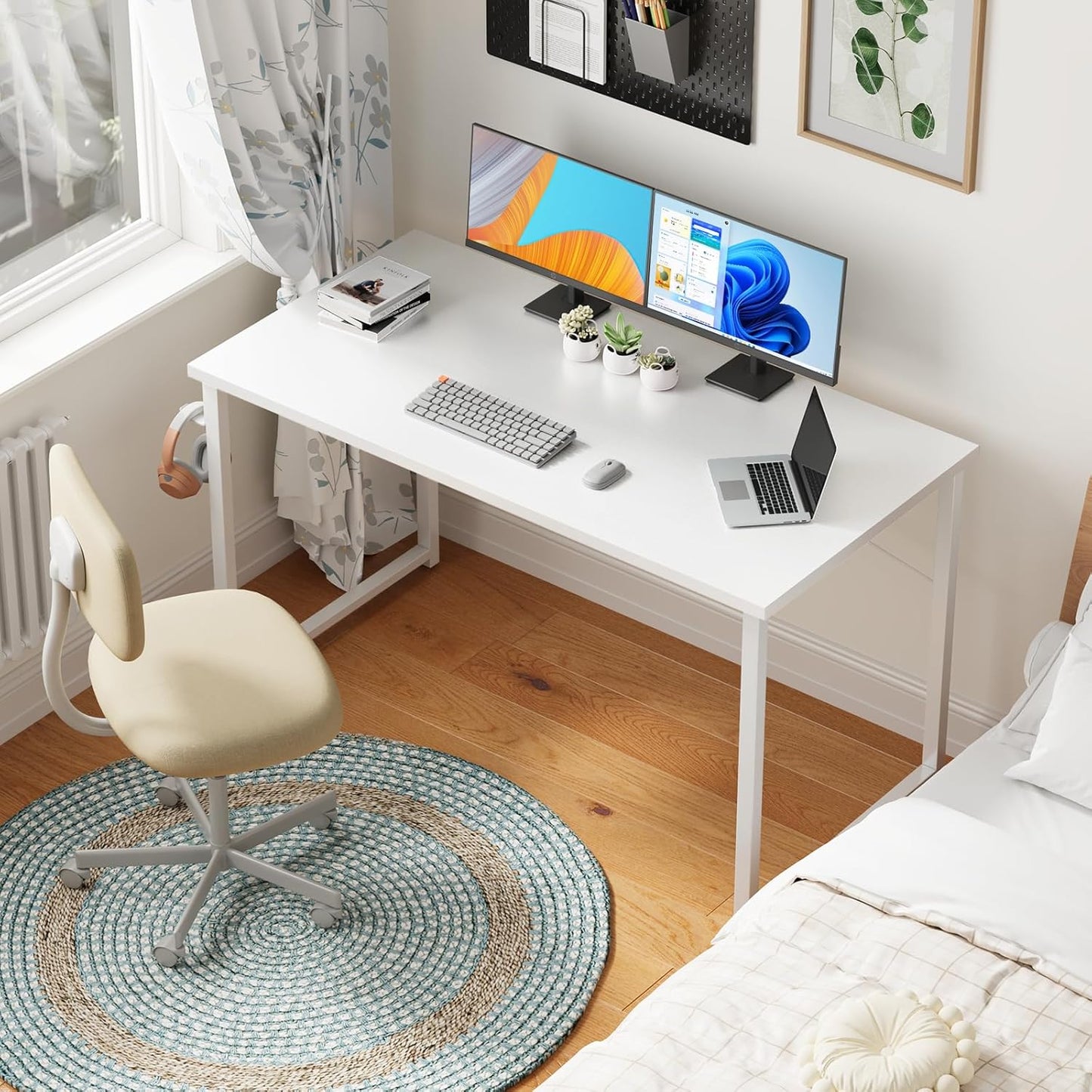 ODK 48 Inches Computer Desk for Small Spaces, Study Table for Home Office, Writing Desk with Headphone Hooks, White