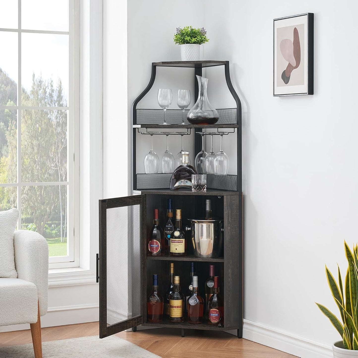 GarveeHome Corner Wine Bar Rack Cabinet with Detachable Wine Rack, Home Bar Cabinet with Barn Door and Adjustable Shelf, Wine Bar Cabinet and Buffet Cabinet with Mesh Door, Fire Wood