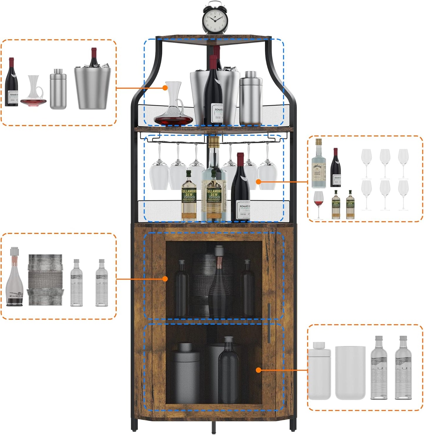 GarveeHome Corner Wine Cabinet with Detachable Wine Rack, 5-Tier Industrial Corner Bar Cabinet with Barn Door and Glass Holder, Farmhouse Buffet Cabinet and Home Bar, Rustic Brown