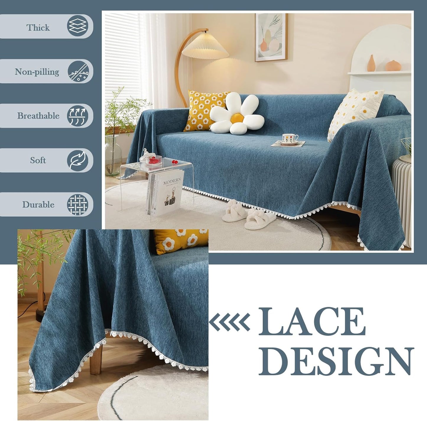 HANDONTIME Loveseat Cover Navy Blue Couch Covers Easy Fitted Sofa Covers for 3 Cushion Couch Universal Sofa Cover Durable Furniture Protector with Lace Sofa Throw Cover for Kids Dogs Pets, 71" X118"