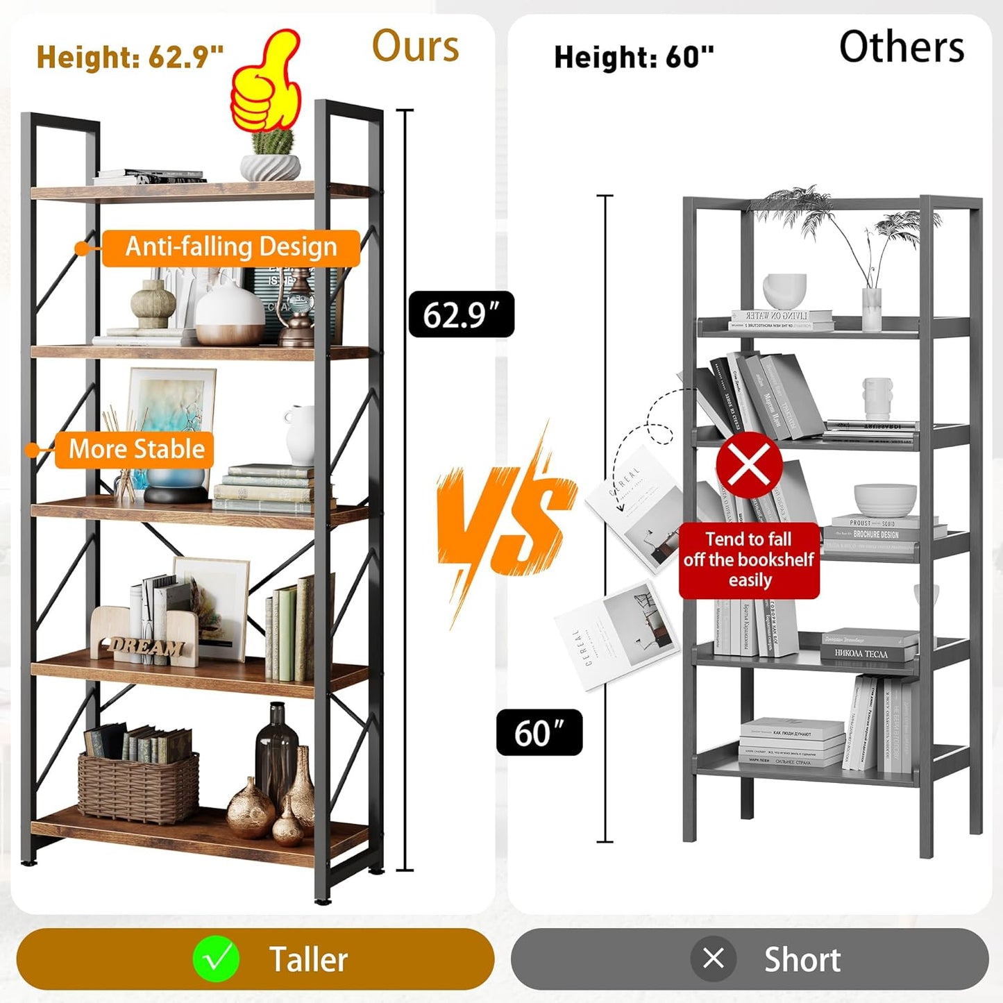 Bookshelf, 5 Tier Bookshelves, Home Office Bookcase Shelf Storage Organizer, Free Standing Storage Shelving Unit for Bedroom, Living Room and Home Office,Rustic Brown