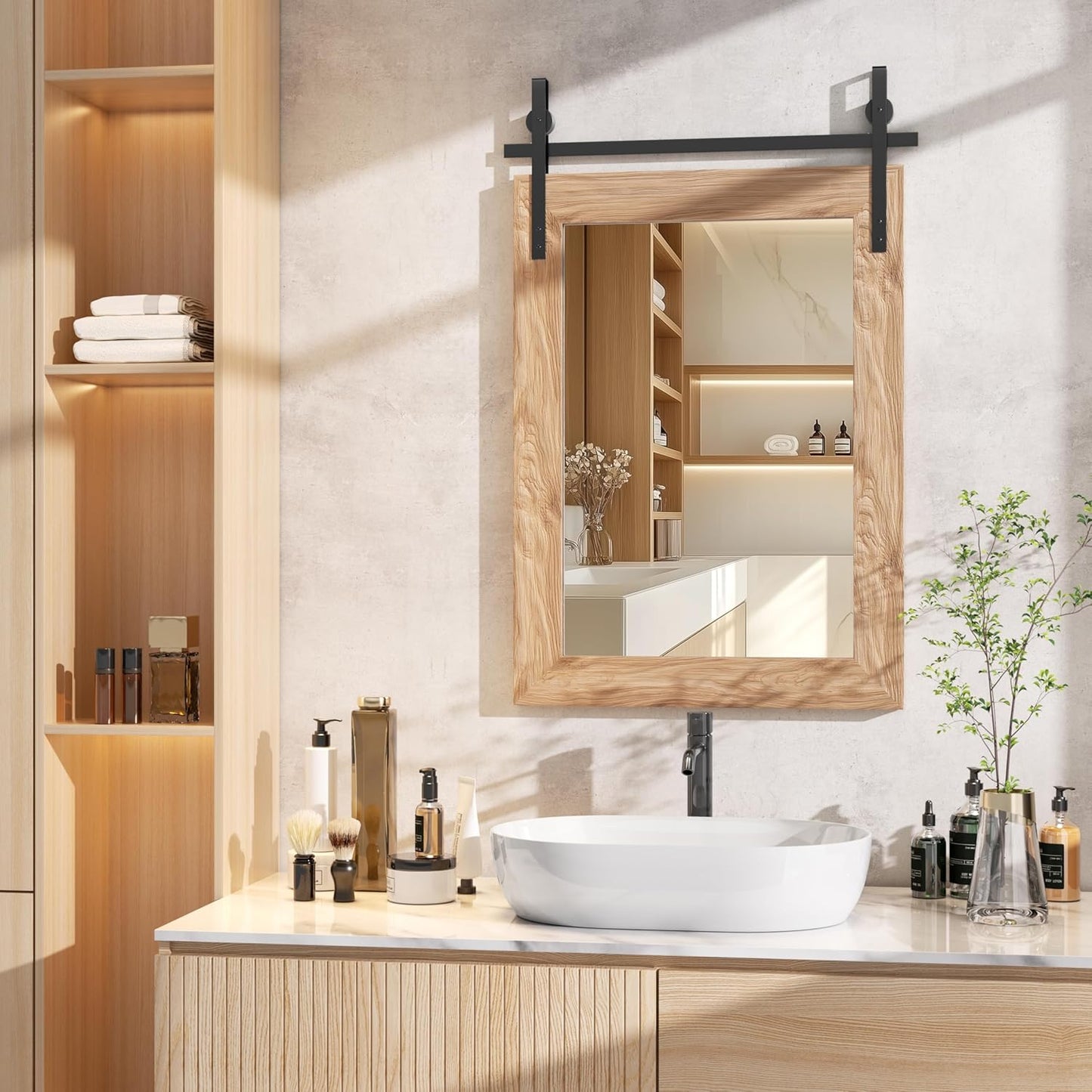 Hasipu Farmhouse Bathroom Mirror, 22"x30" Rustic Wood Framed Wall Mounted Mirror, Brown Vintage Vanity Mirror Barn Door Style Decrative Mirrors