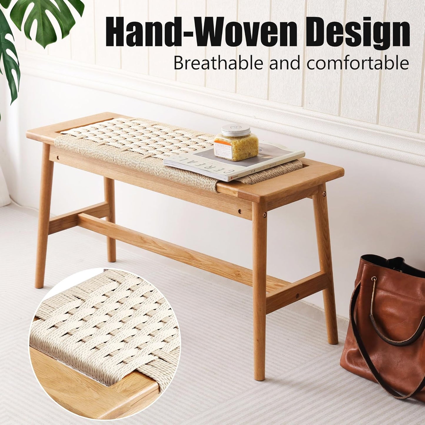 33.5" L Wood Dining Bench Indoor, 100% Natural Solid Oak Bed Bench Hand Woven Enterway Bench Small Bench for Dining Room, Bedroom, Kitchen (Creamy White)