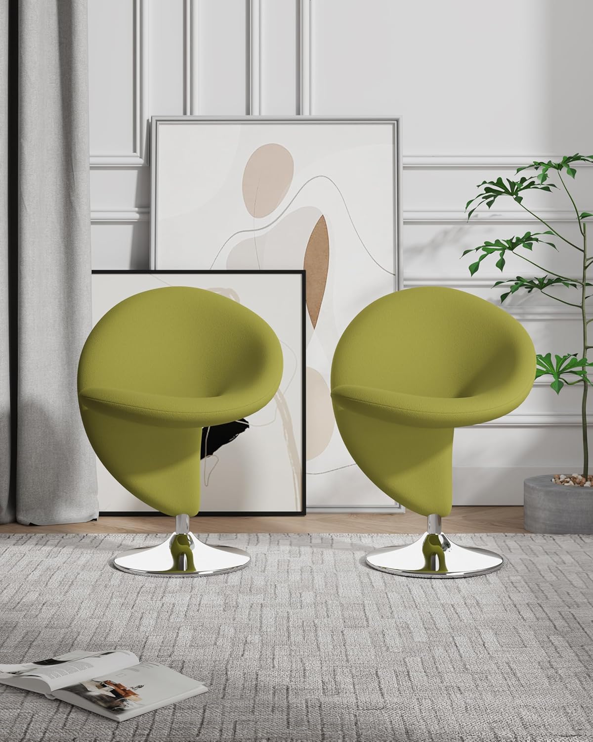 Manhattan Comfort Curl Swivel Accent Chair Set of 2 with 360° Turn, Fully Assembled, Upholstered in Wool Blend, Modern Ergonomic Design with Polished Chrome Base, Living Room & Office, Green