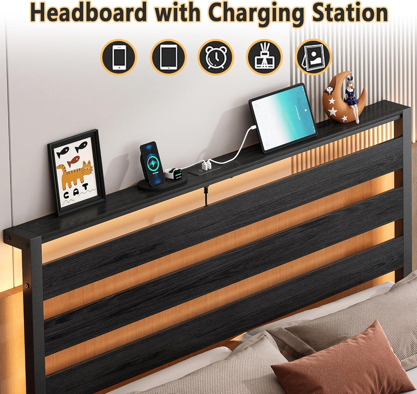 14 Inch Classic Metal Platform Bed Frame-Queen Bed Frame with Headboard,Steel Slats Support-LED Bed Frame with USB Charging Station,Under Bed Storage,No Box Spring Needed,Noise Free