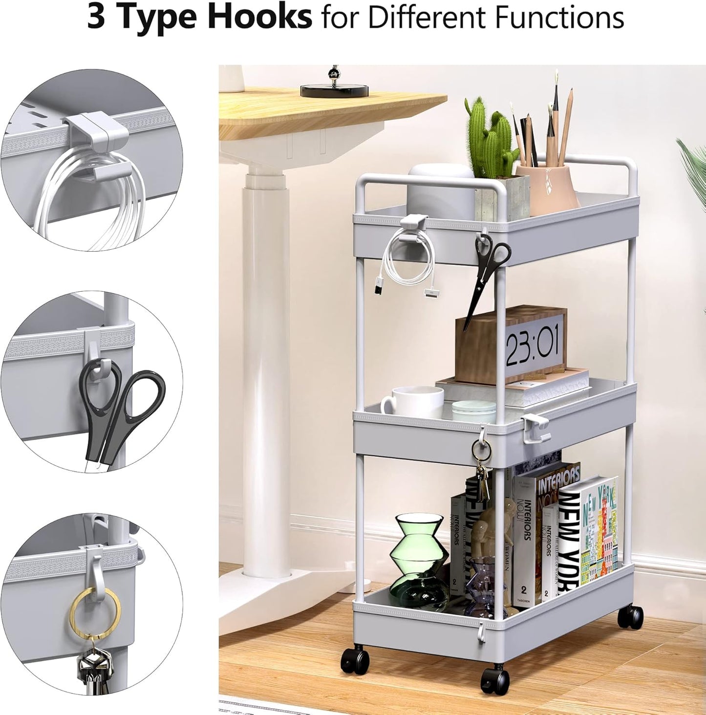 SOLEJAZZ 3 Tier Rolling Storage Cart with Wheels Slim Craft Nail Makeup Snack Art Baby Utility Cart Organizer on 2 Lockable Wheels for Bathroom Laundry Room Kitchen Bedside Narrow Spaces, Gray