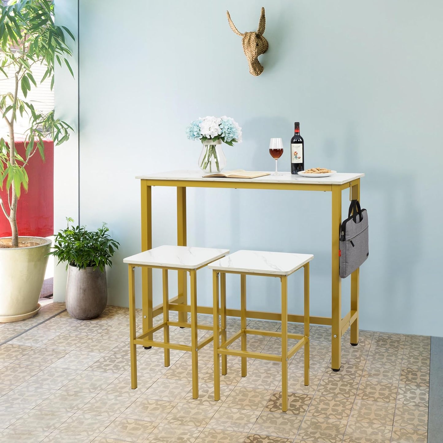 Finnhomy Bar Table Set, 47" Pub Table High Top Table, Rectangular Bar Height Table, Bar Table with Stools, Kitchen Table Set for 2, Industrial Breakfast for Kitchen, Living Room, Gold