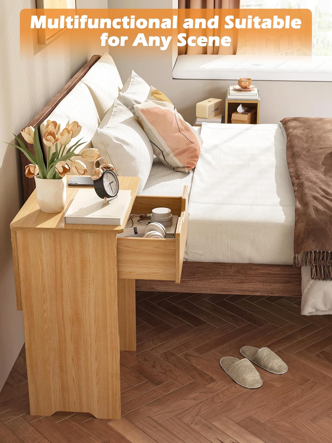 End Table Small Night Stand for Small Spaces Narrow Side Tables Bedside Table with Drawer Rolling Open Storage Shelf Accent Vintage Farmhouse Nightstand with Wheels for Living Room Bedroom Balcony