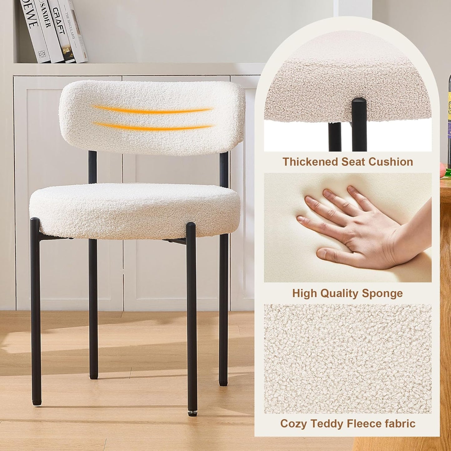 Dining Chairs Set of 4, White Boucle Dining Chair, Curved Backrest Upholstered Dining Room Chairs with Black Metal Legs, Mid Century Modern Dining Chairs for Kitchen, Living Room, White