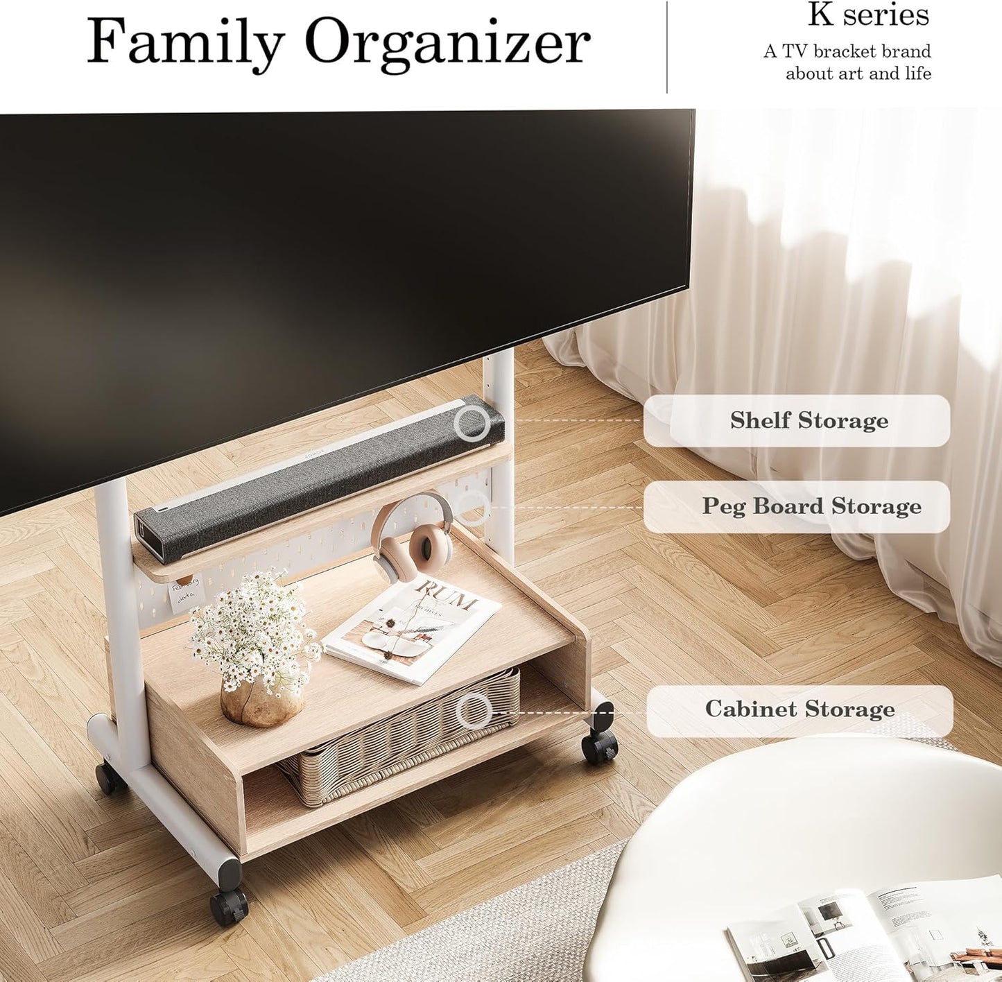 FITUEYES Rolling TV Floor Stand for 40-85in TVs, Heavy Duty Mobile TV Stand on Wheels Lockable, TV Cart with Wooden Large Storage Shelf & Pegboard Hold up to 132 lbs for Bedroom, Living Room, Office