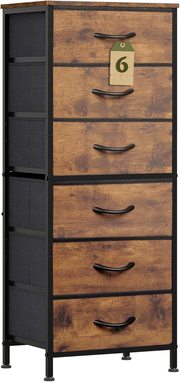 WLIVE Tall Dresser for Bedroom, 6 Drawer Dressers & Chests of Drawers, Fabric Dresser for Closet, Night Stand with Metal Frame, Storage Tower with Fabric Bins, Wood Top, Rustic Brown Wood Grain Print
